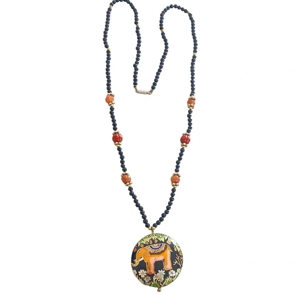 Vintage Cloisonne Beaded Black Onyx & Agate Trunk-Up Elephant Medallion Necklace